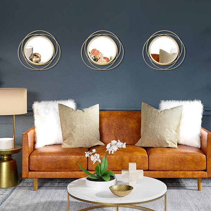 3 Set Round Mirrors for Wall Decor Living Room Bedroom Bathroom Dining Room Metal Circle Mirror Set Boho Decorative Sunburst Wall Art Accent Entryway - Gold 9.5 in - Image 2