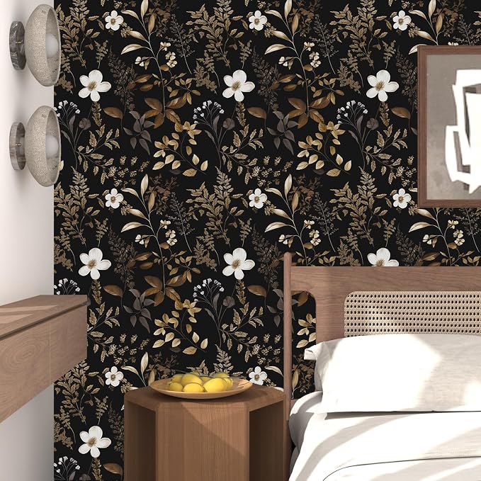 Laatse Floral Leaf Vintage Wallpaper Peel and Stick 17.5"x118", Gold Black | Self Adhesive/Removable/Waterproof/Thick Vinyl Contact Paper for Bathroom Bedroom Shelf Cabinet Drawer,Prepasted,Easy Peel - Image 4
