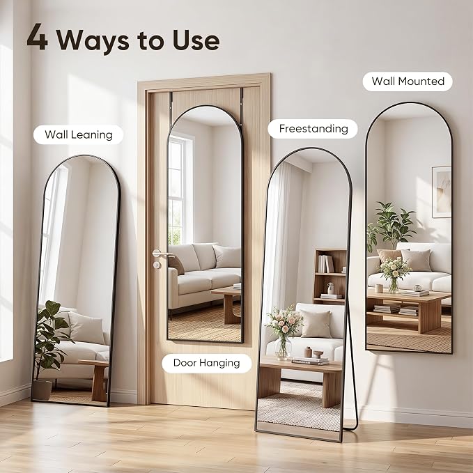58"x20" Over The Door Mirror, Arched Full Length Mirror, Black - Image 7