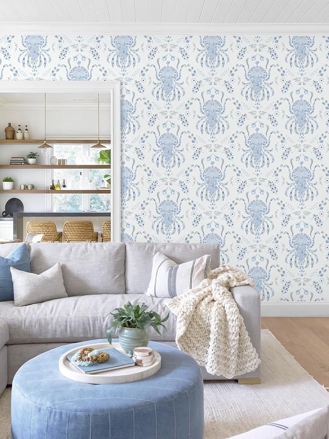 Dimoon Blue Peel and Stick Wallpaper Coastal Contact Paper Bathroom Ocean Beach Wallpaper Boho Jellyfish Renter Friendly Nautical Waterproof for Nursery Kitchen Bedroom Vinyl 17.3''x197'' - Image 8