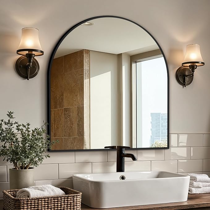 Arched Bathroom Vanity Mirror for Over Sink, 32”x30”, Black by LawadaMirror