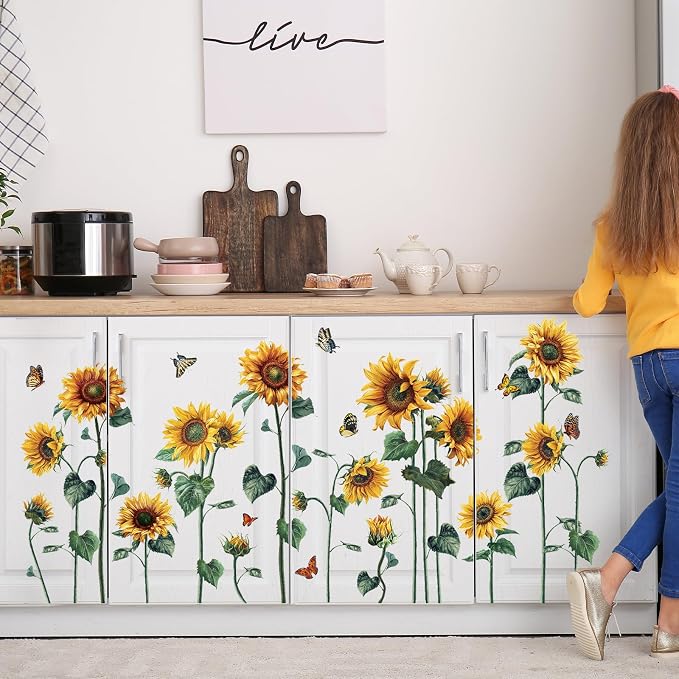 Watercolor Sunflower Wall Sticker Peel and Stick Flower Butterfly Wall Decal Vintage Floral Plant Wall Art Mural Green Leaf Wall Stickers for Living Room Bedroom Decor - Image 2
