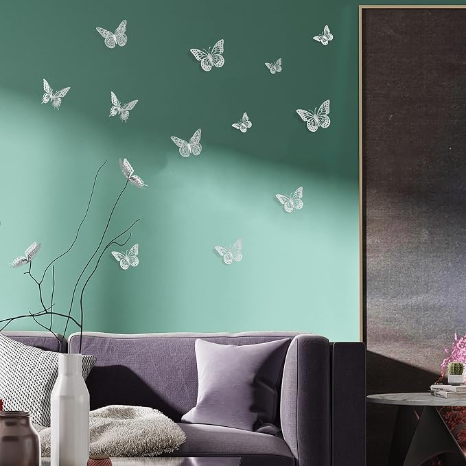 SAOROPEB 3D Butterfly Wall Decor, 48 Pcs 4 Styles 3 Sizes, Removable Metallic Wall Sticker Room Mural Decals for Kids Bedroom Nursery Classroom Party Decoration Wedding Decor DIY Gift (Sliver) | 4 Styles 3 Sizes, Removable Metallic Wall Sticker Mural D... - Image 3