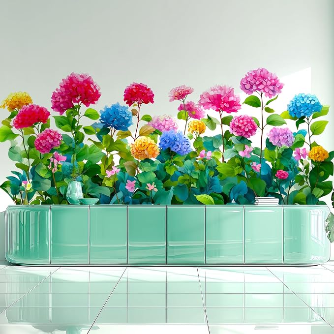 Colorful Hydrangea Floral Flower Border Removable Wall Decals Decor Sticker | Green blooms plants removable vinyl peel and stick art wall stickers mural for living room bedroom kitchen bathroom office - Image 3