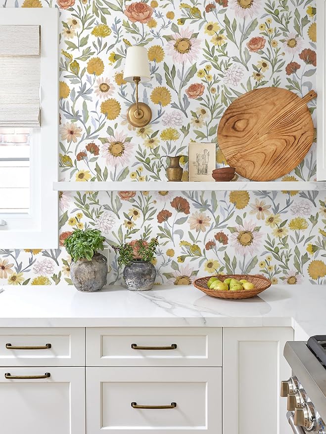 Dimoon 78.7"x17.3" Floral Peel and Stick Wallpaper Contact Paper White and Yellow Wallpaper for Cabinets Drawers Bedroom - Image 2