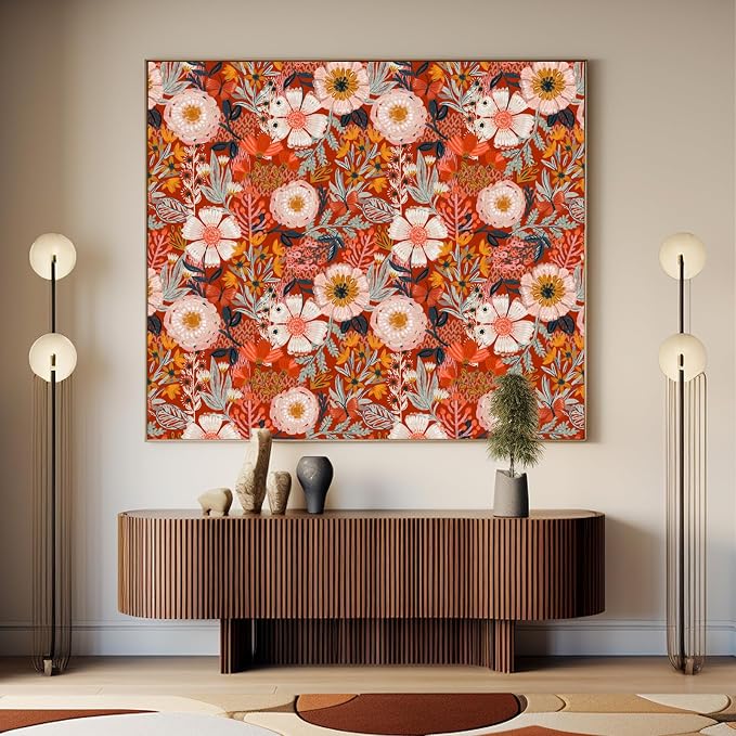 HAOKHOME Red Floral Peel and Stick Wallpaper Bathroom Vintage Contact Paper | Retro Textured Wall Paper Botanical Renter Friendly Removable Orange Flowers Bedroom Accent Decor Wall Mural 17.3in x 9.8ft - Image 6