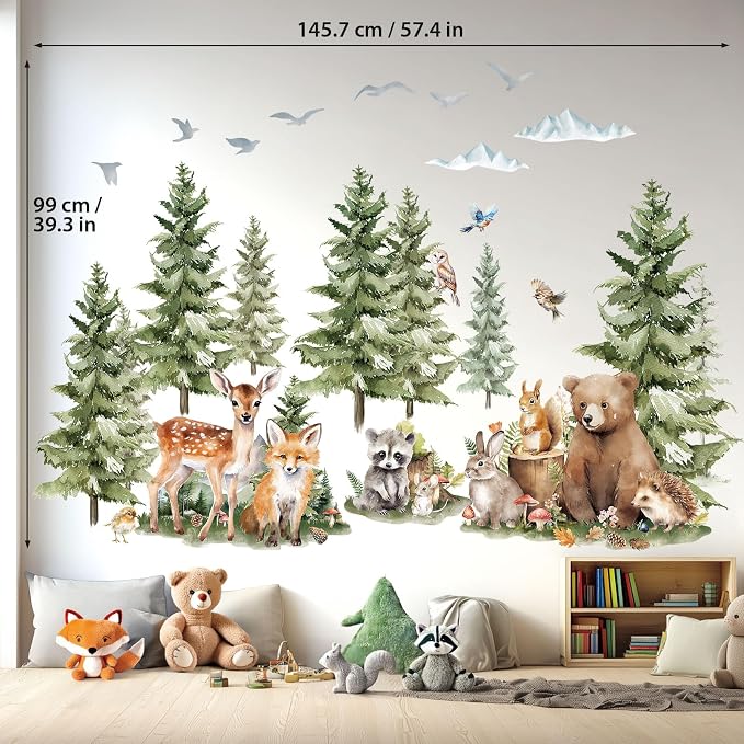 DECOWALL Large Watercolor Pine Tree Woodland Animals Wall Decals (SG4-2422) - Image 6