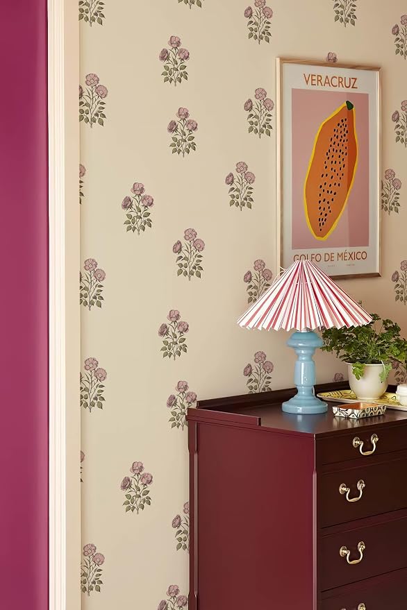 Vintage Floral Peel and Stick Wallpaper Retro Rose Flower Contact Paper for Cabinets Self Adheisve Floral Wallpaper for Bedroom Accent Wall Cabinets Drawers Gilrs Room - 17.3”×78.7” - Image 2
