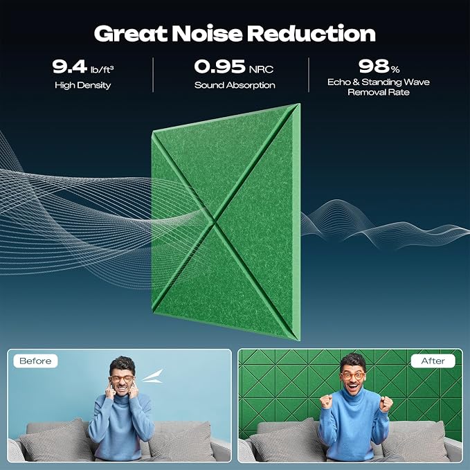 Sonicism 22 Pack X-Lined Acoustic Panels with Self-Adhesive, 12"X 12"X 0.4" Sound Proof Foam Panels, Decorative Soundproof Wall Panels, Sound Absorbing Tile for Home & Offices, Forest Green - Image 3