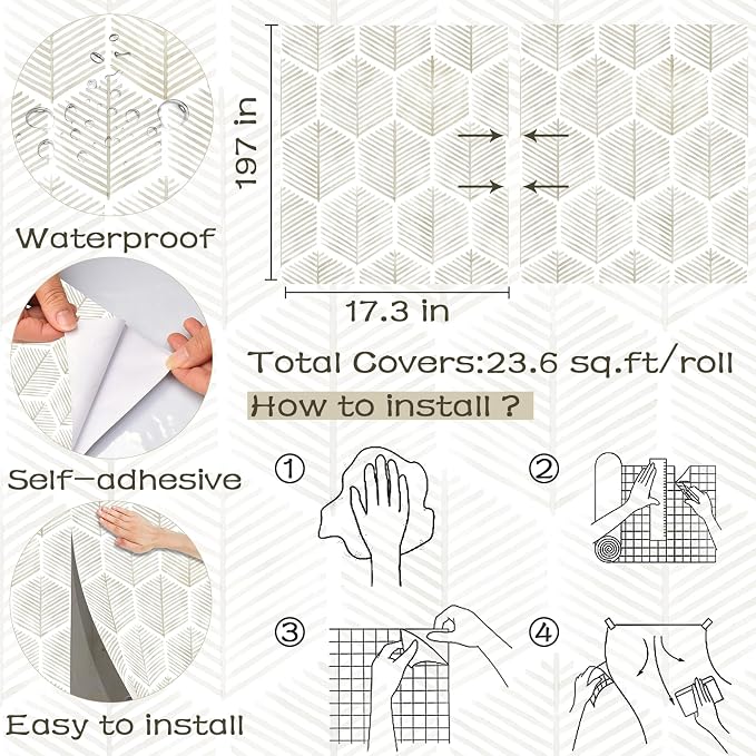 OSECAGE Geometric Peel and Stick Wallpaper Boho Contact Paper 17.3''×197'' | Modern Self Adhesive Wallpaper Removable White and Beige Wall Paper Decorative for Bedroom Bathroom Cabinets Decor Vinyl Roll - Image 3