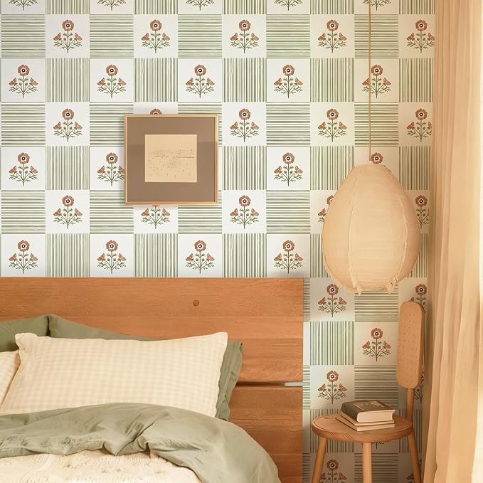 Guvana Green Floral Peel and Stick Wallpaper Vintage Floral Wallpaper Boho Wall Paper Removable Modern Contact Paper Vinyl Self Adhesive for Bedroom Bathroom Kitchen Livingroom Covering 17.3"×78.7" - Image 2