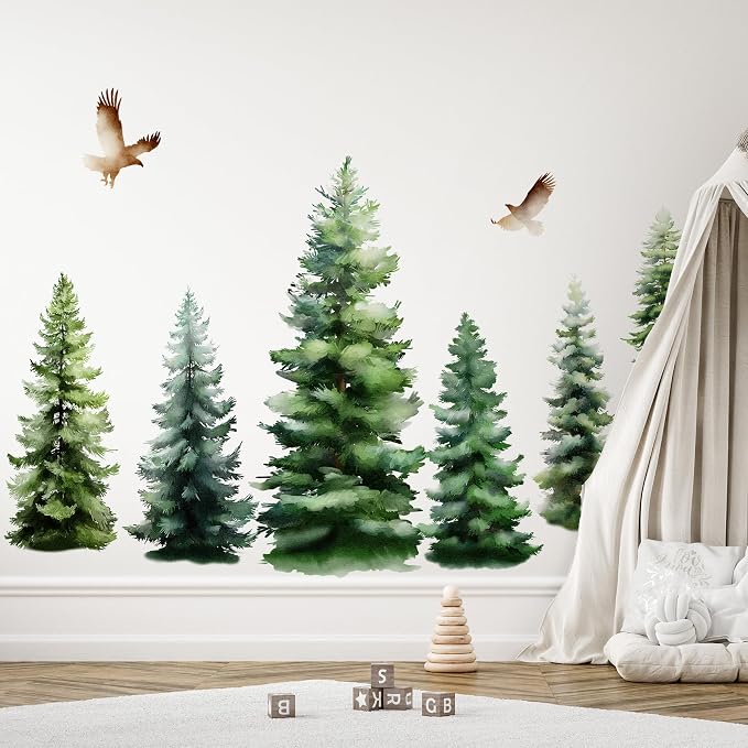Watercolor Pine Trees Wall Decal, Peel and Stick Forest Decals Mural, Wilderness Wall Art Stickers for Kids, Boys and Girls Room, Bedroom & Toddler Room Decor (Christmas Woodland Wall Decal 88) - Image 4