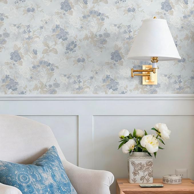 Ismoon Vintage Wallpaper Floral Peel and Stick Wallpaper 17.3in x32.8ft Blue Country Retro Flower Wall Paper Texture Removable Stick on Wall Paper for Bathroom Cabinets Countertops Self-Adhesive Vinyl - Image 3