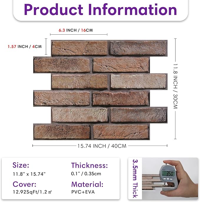3D Peel and Stick Faux Brick Wall Panels 15.7" x 11.8" 10-Pack | Brown, Brick-Look Textured Wall Sticker, Thin Lightweight PVC Self Adhesive Wall Tiles for Interior Decor, Cover 12.9 sq ft - Image 5