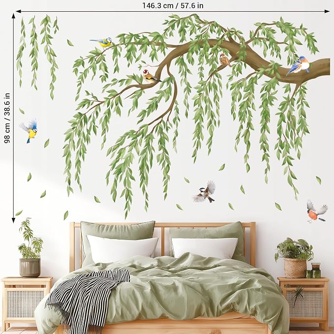 DECOWALL Large Green Leaf Willow Branch Wall Stickers Decals (SG4-2521) | Watercolor willow scene with songbirds and cascading leaves; peel and stick, removable nursery, bedroom and living room decor - Image 5