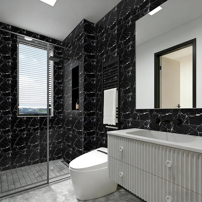 30Pcs Black Marble Wall Panels 23.6"X11.8" PVC Waterproof Tiles Peel and Stick Wall Panels Self Adhesive Backsplash Tiles for Kitchen Living Rooms TV Walls Bathroom Rv Camper Van (Not Real Tile) - Image 2