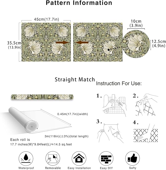 HAOKHOME William Morris Wallpaper Vintage Wall Paper Sage Green Removable | Textured Renter Friendly Stick On Wall Paper Yellow Retro Floral Mural Bathroom Bedroom Nursery Contact Paper 17.3in x 9.8ft - Image 7