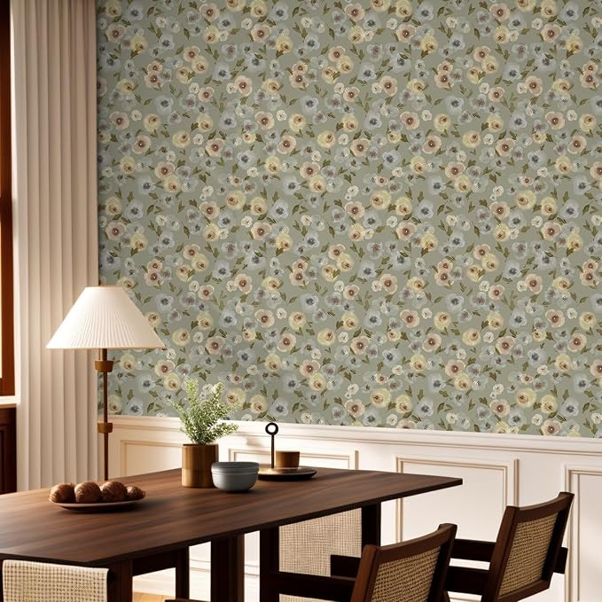 Khaki Watercolor Floral Peel and Stick Wallpaper, 17.3" x 118" Soft Pastel Flower Removable Vinyl Wallpaper, Waterproof Self-Adhesive Vintage Floral Contact Paper for Nursery Bedroom Cabinets - Image 6