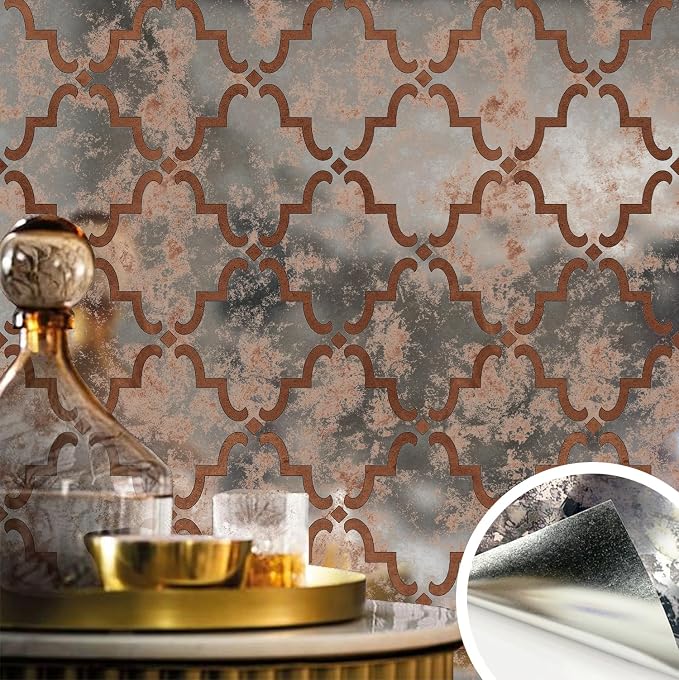 LiveInUrban Vintage Foxed Moroccan Rusts Antique Chrome Reflective Style Wallpaper, Grunge Peel and Stick Contact Paper for Wall Furniture Vanity Dresser Home Decor, 15.35"x39.37" by LiveInUrban