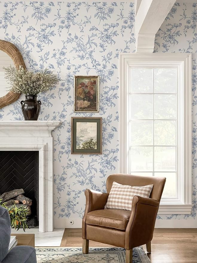 Ismoon Peel and Stick Wallpaper Floral Vintage Stick on Wall Paper Blue and White Contact Paper for Cabinet French Textured Removable Self Adhesive Wallpaper Vinyl for Bedroom Wall Deco 17.3 x 78.7in - Image 4