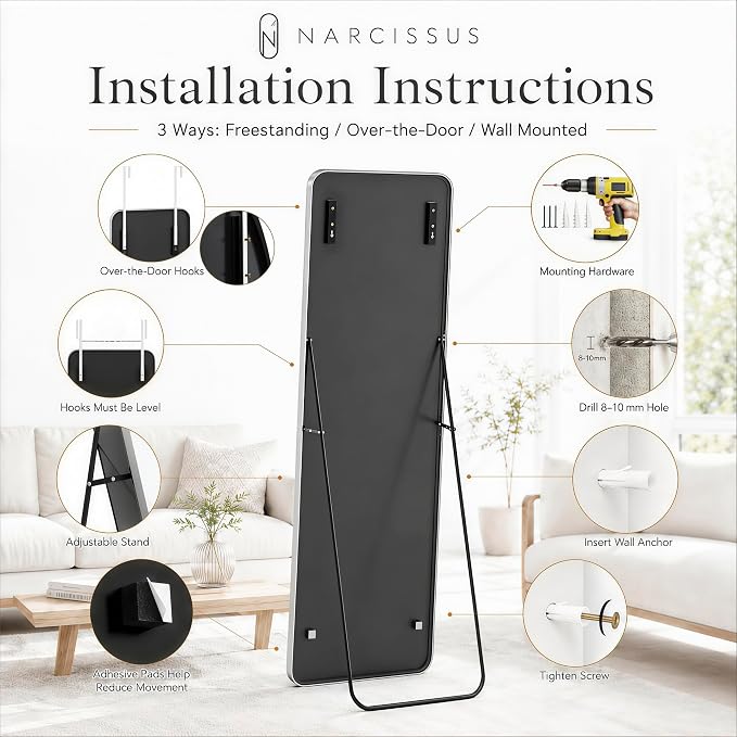 NARCISSUS Full Length Mirror 57x20 Inch, Over The Door Mirror with Stand, Wall Mounted or Freestanding/Door Hanging Full Body, Aluminum Alloy Frame, Silver - Image 7