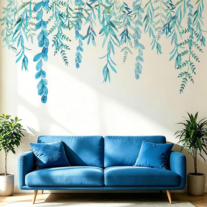 Blue Hanging String of Willow Wall Decals Peel and Stick, Large Plants Vinyl Wall Stickers, Removable Vine Home Decor Art for Bedroom Living Room Classroom Office by VePret