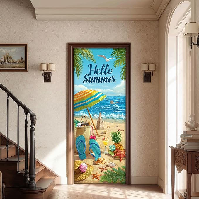 HOMETITUTE Summer Wave Umbrella Beach Path Peel Stick Door 30.3x78.7 PVC | Wall Cover Poster Decals Removable Wallpaper Self Adhesive Livingroom Bedroom - Hello Summer - Image 2