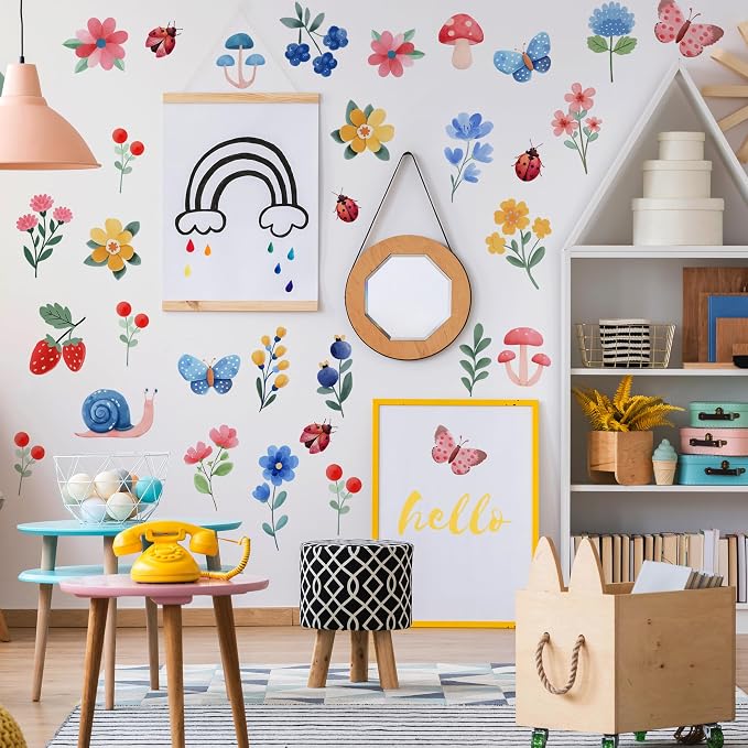 Flowers Wall Decals - Peel and Stick Cute Flowers, Plants and Small Animals Wall Stickers, Removable Bright Colors Floral Wall Decor for Kids Bedroom, Living Room, Nursery Decor Wall Corner Decor - Image 4