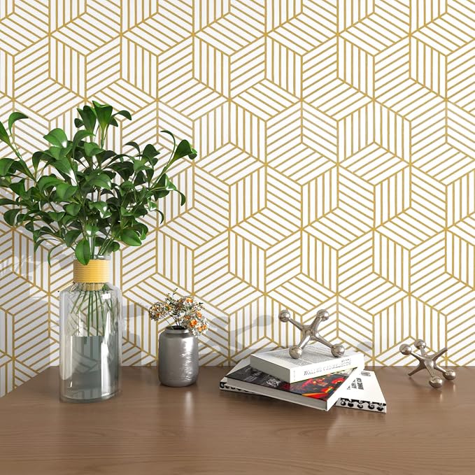 MelunMer Geometric Contact Paper Peel and Stick Wallpaper Gold 17.7”×512” | Self Adhesive, Removable Wallpaper for Bedroom/Bathroom Waterproof, Modern Contact Paper for Cabinets Liner Easy to Install by MelunMer