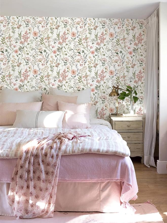 Orainege Pink Floral Peel and Stick Wallpaper Self Adhesive Wallpaper | 17.3inx393.7in Modern Wallpapers for Bedroom Bathroom Green Leaf Contact Paper for Cabinets Removable - Image 8