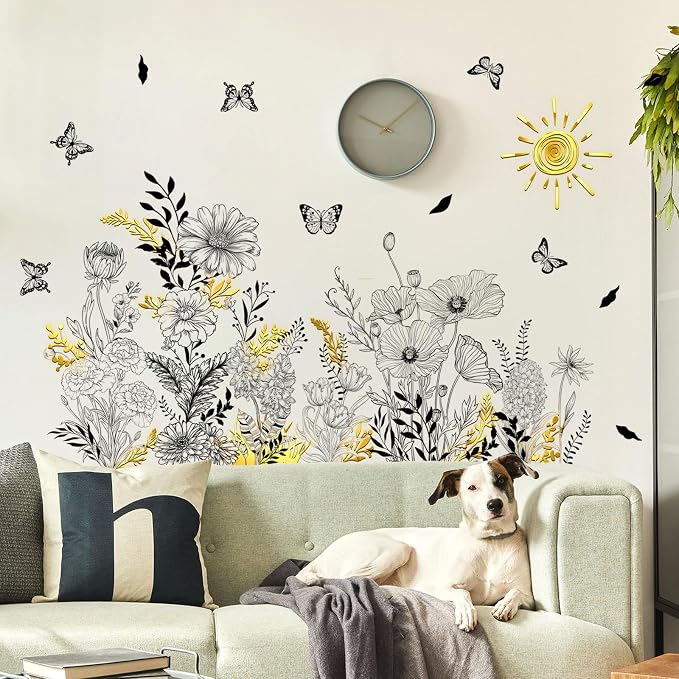 Black Floral Wall Decals with Gold Accents for Living Room Decor by TuitagerL