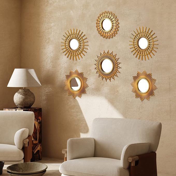 Namalu 6 Pcs Sunburst Round Mirror for Wall Decor, Classic, Gold - Image 6