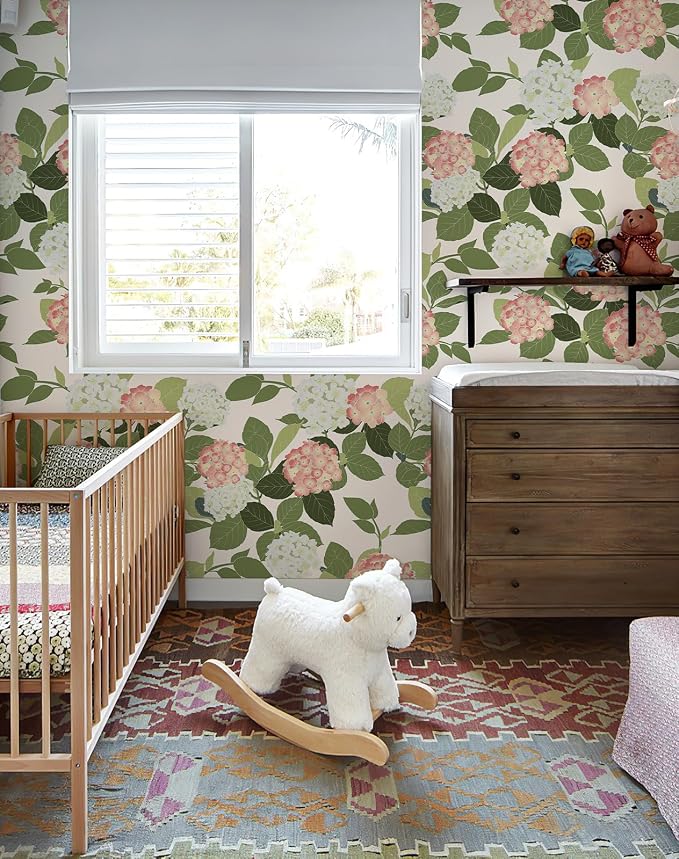 Floral Peel and Stick Wallpaper Self Adhesive Hydrangea Wall Paper French Country Cream Stick on Wallpaper for Bedroom Wall Decor Elegant Mural (Blush Hydrangea, 118" X 17.4") - Image 8