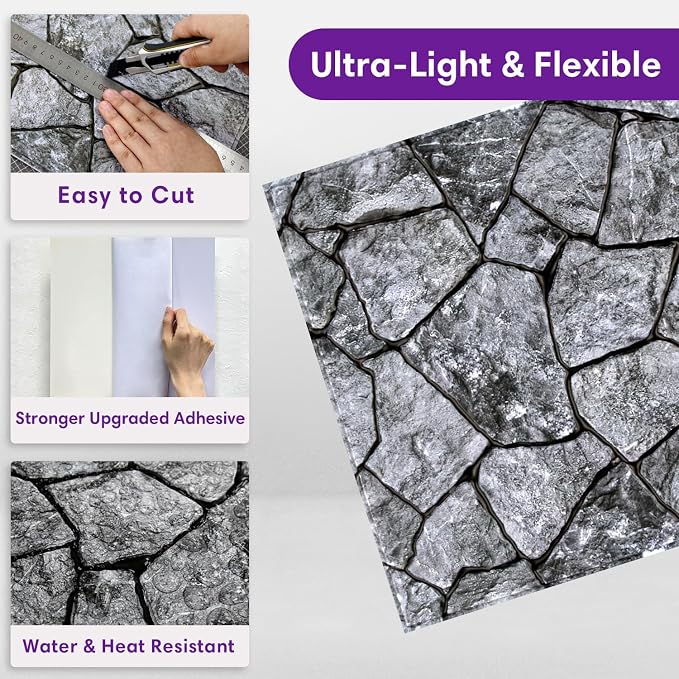 3D Faux Stone Wall Panels Peel and Stick, Designed for Quick DIY | Gray, 10 Pcs 11.8" x 11.8", Stone-Look, Ultra-Light PVC Fake Stone Wall Covering Tiles for Wall Renovation, Cover 9.7 sq ft - Image 5