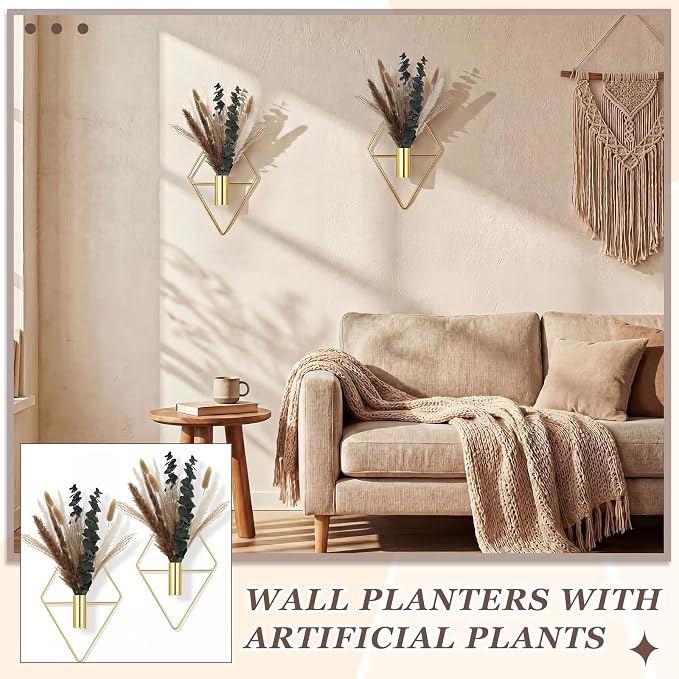 Jexine 4 Pcs Hanging Artificial Planters Wall Decor, Golden, Pampas | Bathroom Wall Decor, Geometric Metal Vase, Indoor Plants, Living Room, Home Office, Entryway, Boho Accent, Wall Mounted - Image 6