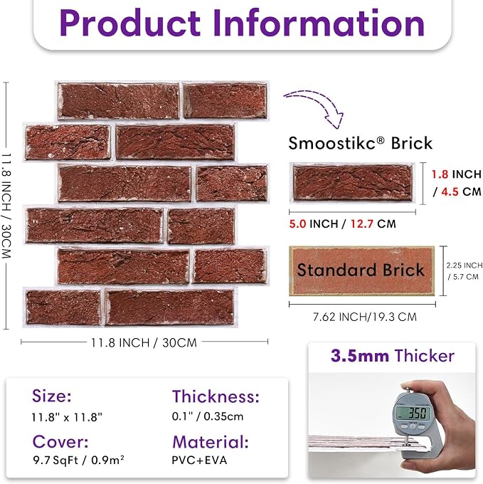 3D Faux Brick Wall Panels Peel and Stick, Designed for Quick DIY | Dark Red, 10 Pcs 11.8" x 11.8", Small Brick-Look, Ultra-Light PVC Fake Brick Covering for Wall Renovation, Cover 9.7 sq ft - Image 6