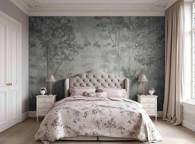 ASJ Forest Peel and Stick Wallpaper Mural, Misty Monochrome Warm Gray | Seamless edge-to-edge match. Sketch tree leaf landscape artwork, 118x78 in, premium fabric, living room bedroom. by ASJWallpaper%EF%BC%86Murals