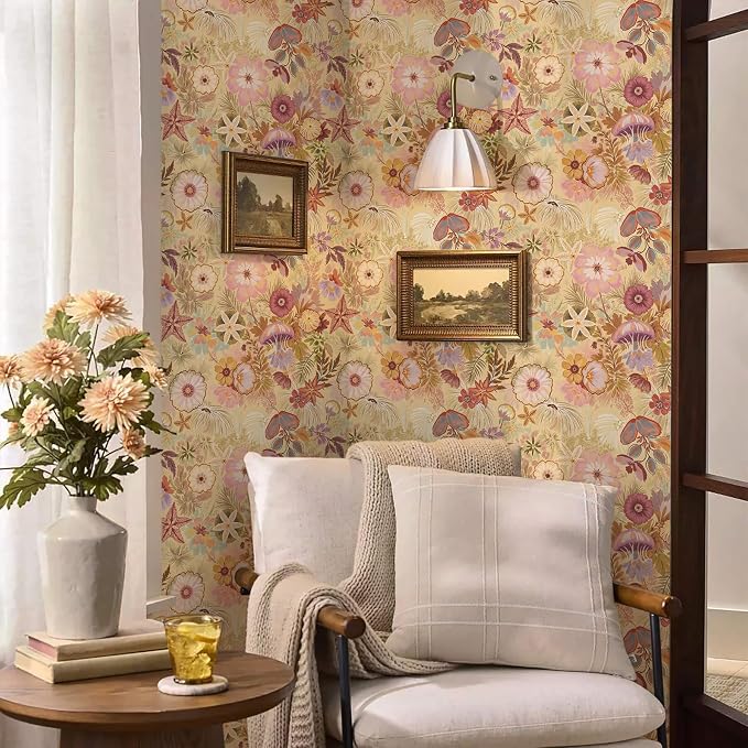 Ismoon Vintage Floral Peel and Stick Wallpaper Deep Beige Pink Contact Paper Jellyfish Starfish Stick on Wall Paper Removable Self Adhesive Vinyl Wallpaper for Bedroom Wall Cabinet Decor 17.3x78.7in - Image 5