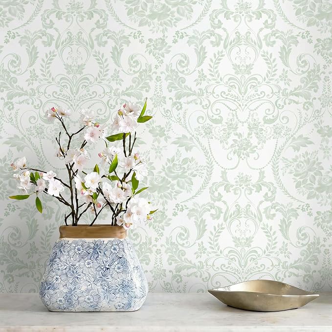 Peel and Stick Wallpaper for Bedroom Sage Green Damask Self-Adhesive | 196" × 17.3" White & Sage Green Vintage Scroll Removable Waterproof Vinyl Wall Decor for Bathroom, Nursery by Fiula