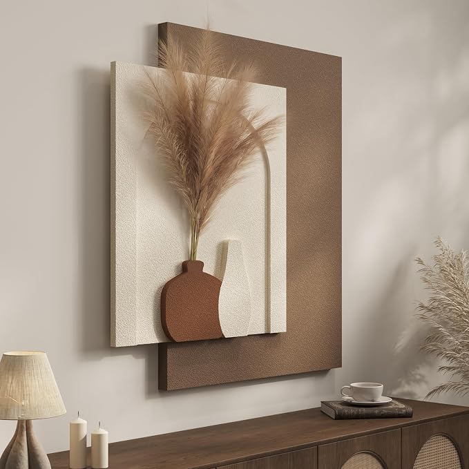 Cuspin Boho 3D Textured Wall Art, Neutral Artwork for Walls with Pampas | Beige Brown Sandstone Textured, Faux Pampas, Layered Panle Design, Art for Living Room Bedroom Dining Room by Cuspin