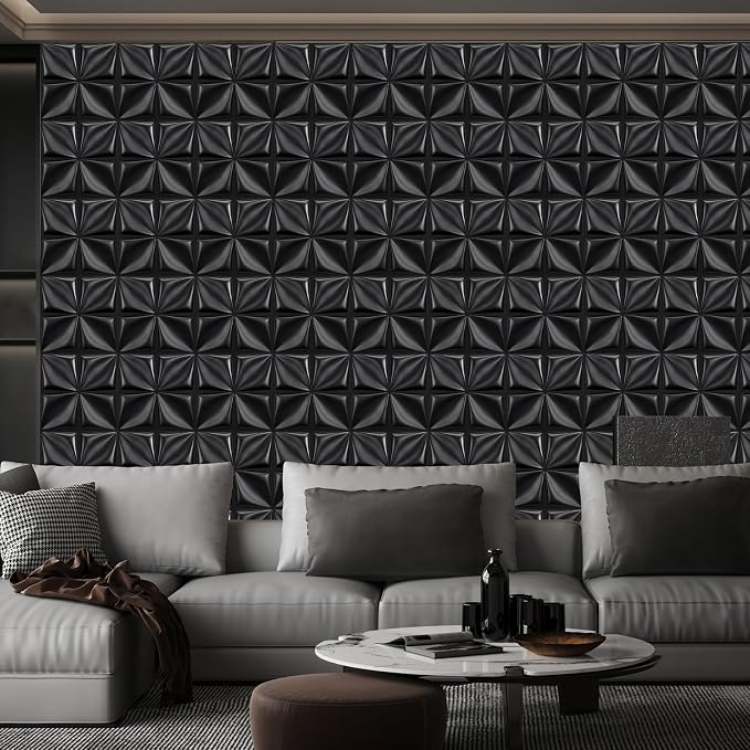 Heikki 30 Pack 3D Wall Panel for Interior Wall Décor, PVC Flower Textured Wall Panels for Living Room Bedroom Hotel Office, 11.8"x11.8", Double-Sided Tape (Black-SYH) - Image 6
