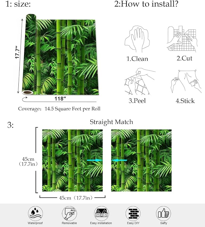 Vintage Green Bamboo Wallpaper Botanical Peel and Stick Wallpaper | Lush fresh green bamboo and palm foliage print, Removable waterproof vinyl wall covering, bedroom accent wall decor - Image 9