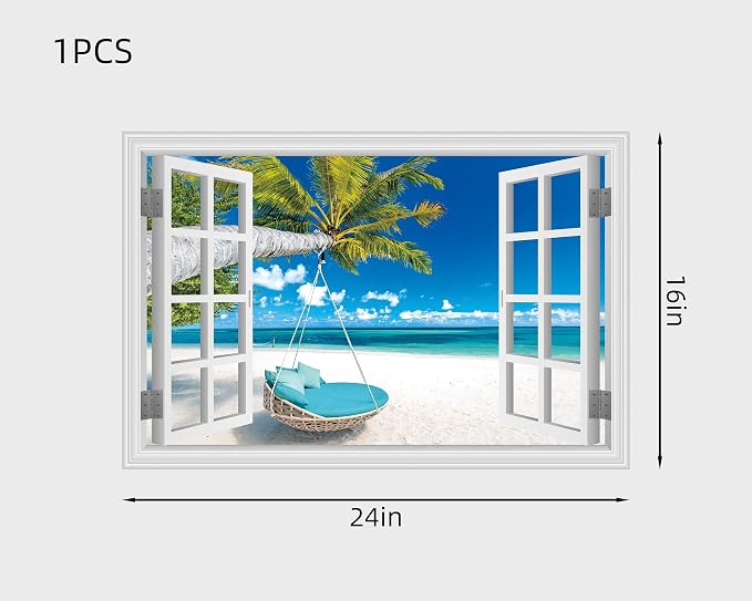 FLFK Fake Window Wall Decal, Tropical Beach Paradise with Turquoise Ocean, White Frame, Peel and Stick, 24 x 16 Inches,for Living Rooms, bedrooms, and Offices - Image 2