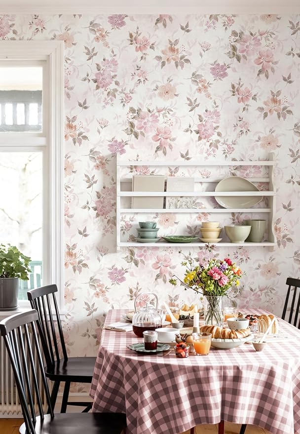 Floral Peel and Stick Wallpaper Pink Wall Paper Vintage Farmhouse Contact Paper Slef Adhesive Removable Wallpaper Watercolor Vinyl Waterproof for Living Room Bedroom Kitchen Bathroom 17.3"×197" - Image 6