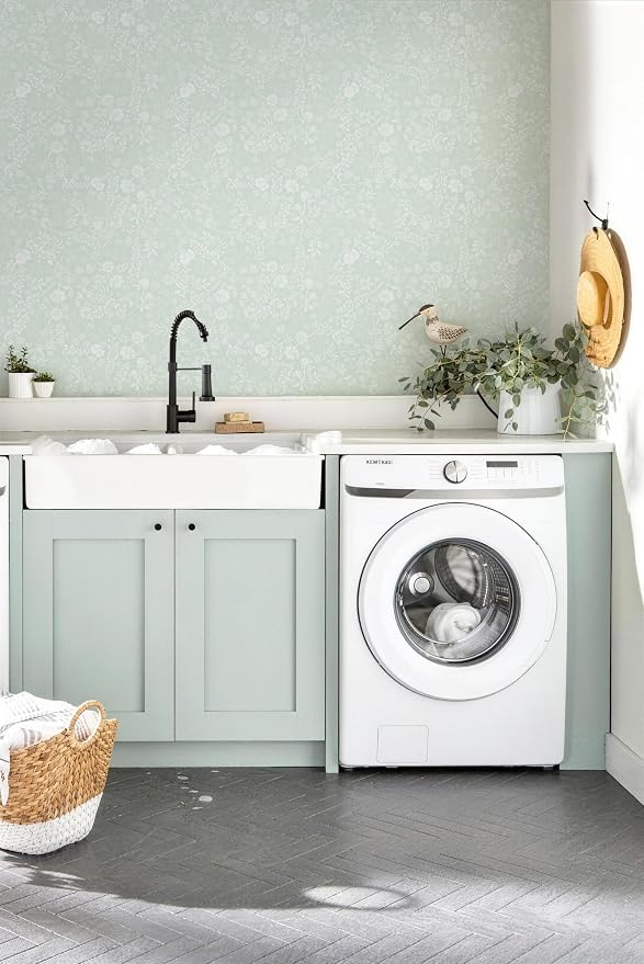 Guvana Sage Green and White Peel and Stick Wallpaper Floral Wallpaper Slef Adhesive Removable Waterproof Contact Paper Boho Wall Paper for Living Room Bathroom Bedroom Kitchen 17.3“×197” - Image 9