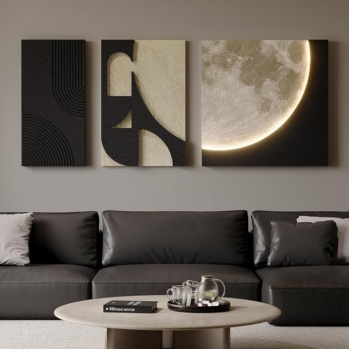 3D LED Wall Art with Moon Design, Lighted Abstract Wall Decor Set, 3 Piece | Warm LED Glow, Sandstone Textured Artwork for Walls, Black and Beige Tone, Paintings Wall Decor for Living Room Bedroom Entry - Image 5