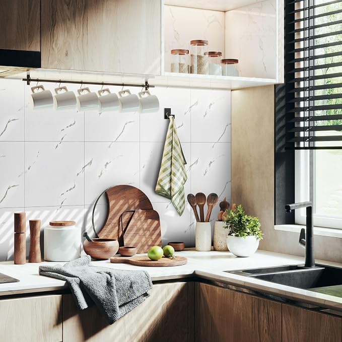 Vieshful 20pcs Peel and Stick Backsplash Tile，12"x12" Self Adhesive Marble Tile for Wall, PVC Waterproof Shower Wall Panels, Back Splash Stick on Tiles for Kitchen Bathroom Living Room (Not Real Tile) - Image 4