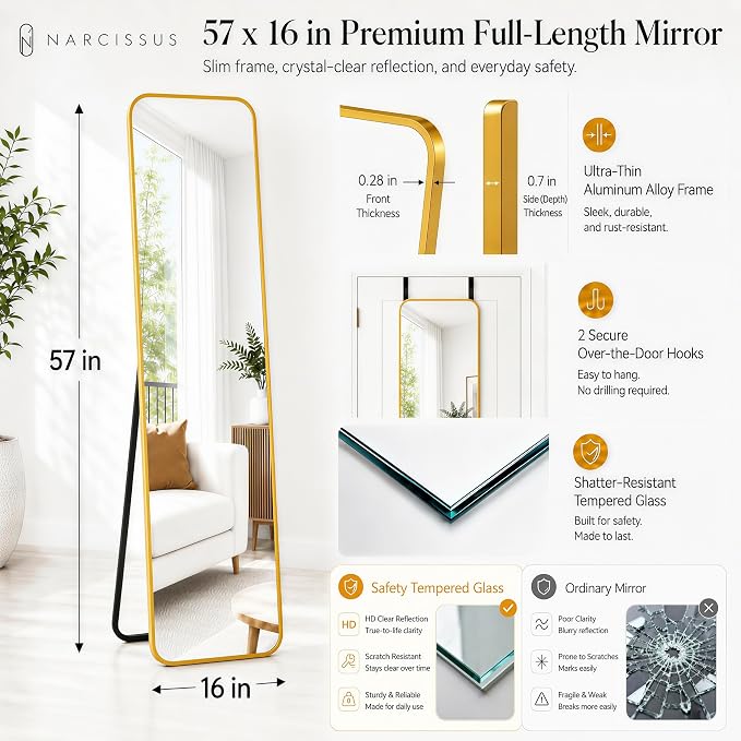 NARCISSUS Full Length Mirror 57x16 Inch, Over The Door Mirror with Stand, Wall Mounted or Freestanding/Door Hanging Full Body, Aluminum Alloy Frame, Gold - Image 2