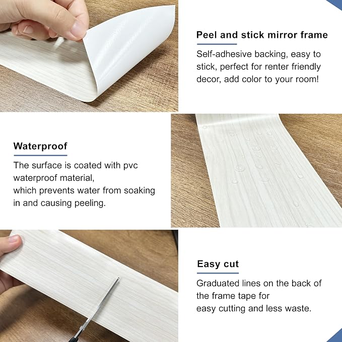 TIANLDD 27 FT Wood Grain Wallpaper Border, Removable Waterproof Mirror Border Peel and Stick,Bathroom Mirror Frame Border.(White Oak) - Image 4