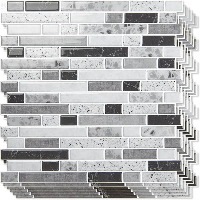 Art3d Linear Design Tile Peel and Stick Backsplash, 10-Sheet, Carrara Grey | 12 x 12 Inch, Enhanced Thickness, Warp Resistant, Strong Adhesion, Sturdy, for Kitchen, Bedroom, Ideal for Home Improvement by Art3d